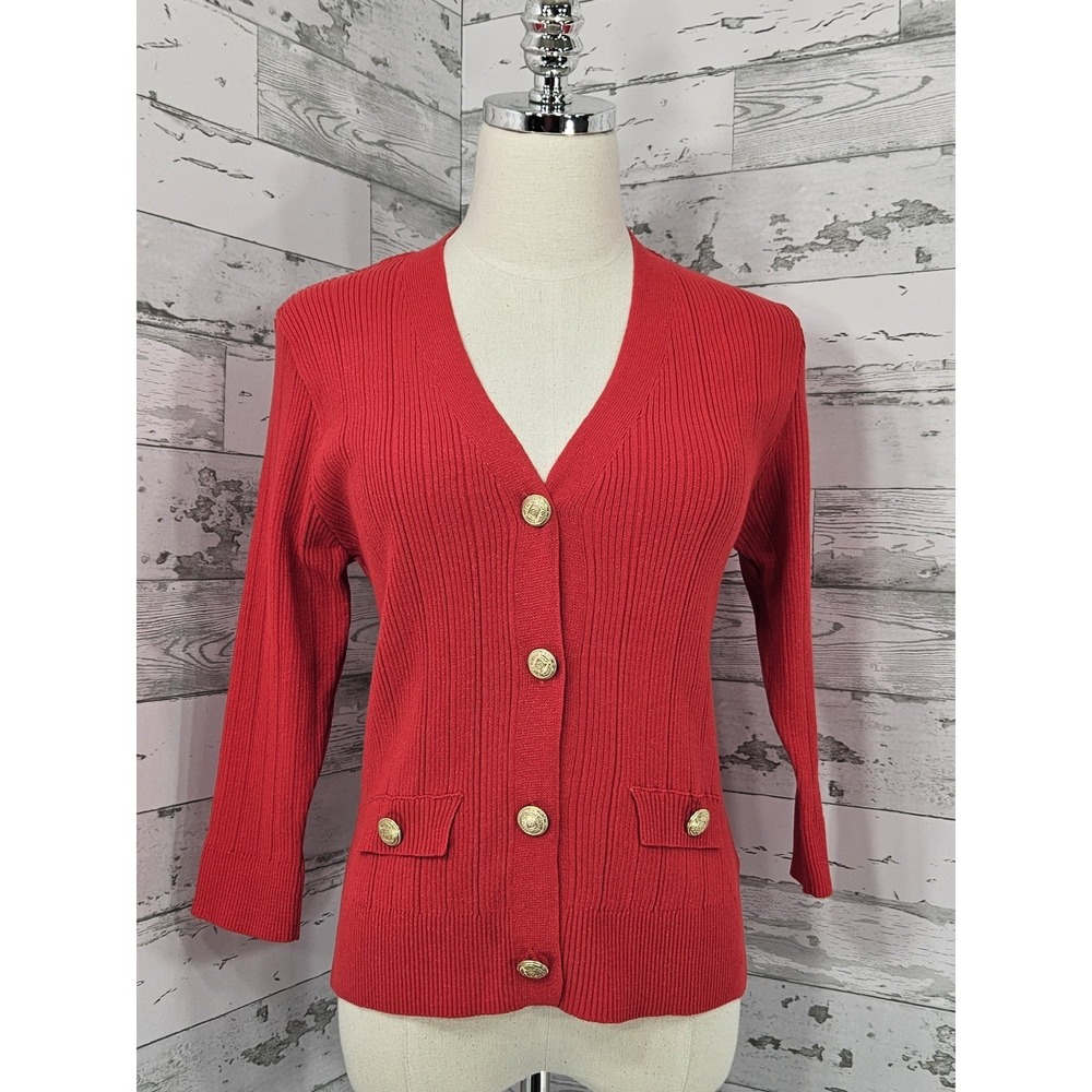 Zara Red Ribbed Knit Cardigan Gold Buttons Womens Medium